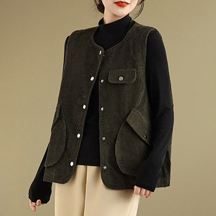 Gilet in velluto a coste con bottoni senza maniche Buddha Stones da donna con tasche - image 21