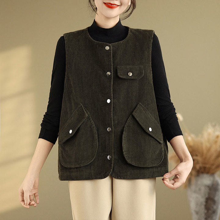 Gilet in velluto a coste con bottoni senza maniche Buddha Stones da donna con tasche - image 22