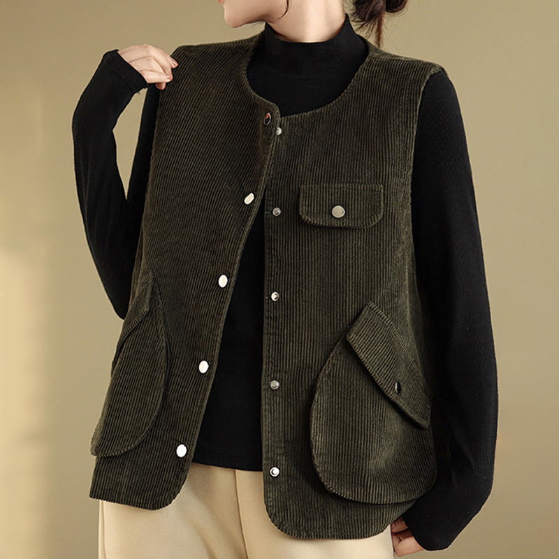Gilet in velluto a coste con bottoni senza maniche Buddha Stones da donna con tasche - image 23