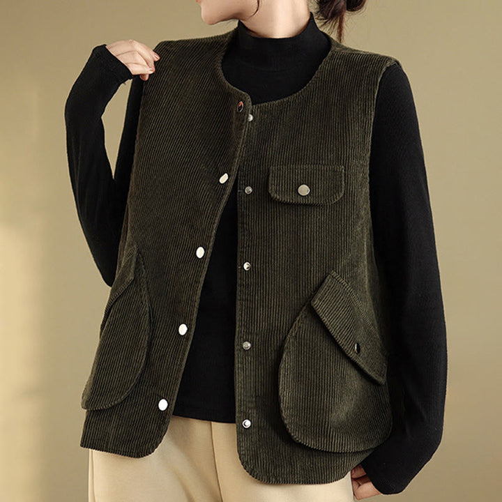 Gilet in velluto a coste con bottoni senza maniche Buddha Stones da donna con tasche - image 23