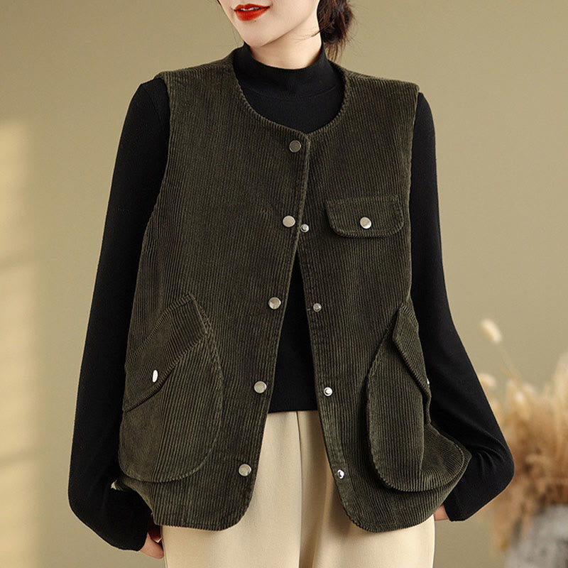 Gilet in velluto a coste con bottoni senza maniche Buddha Stones da donna con tasche - Verde oliva scuro - US14, UK/AU18, EU46 (2XL) - image 20