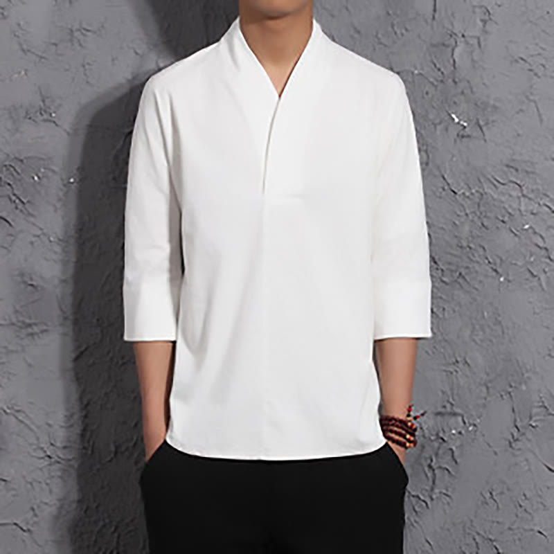 Camicia casual con scollo a V e maniche a tre quarti, motivo Buddha Stones, abbigliamento da uomo - Bianco - US/UK/AU44，EU54 (5XL) - image 1