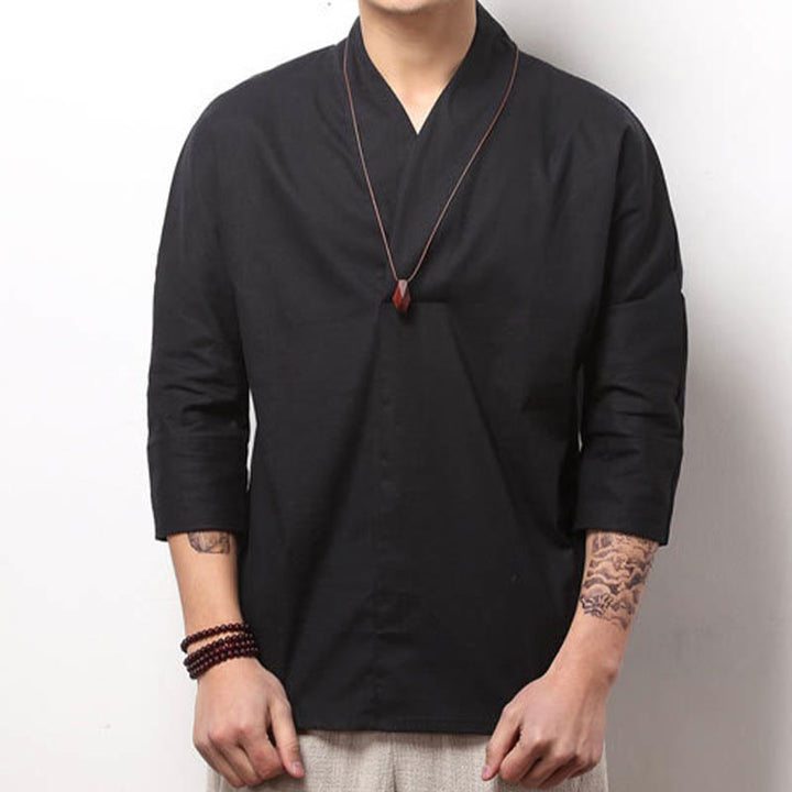 Camicia casual con scollo a V e maniche a tre quarti, motivo Buddha Stones, abbigliamento da uomo - Nero - US/UK/AU44, EU54 (5XL) - image 5