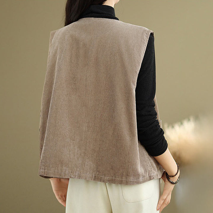 Gilet da donna in cotone senza maniche con bottoni in velluto a coste Buddha Stones e tasche - image 7