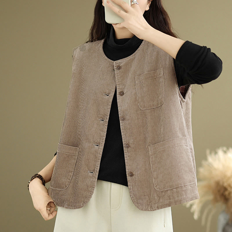 Gilet da donna in cotone senza maniche con bottoni in velluto a coste Buddha Stones e tasche - image 6