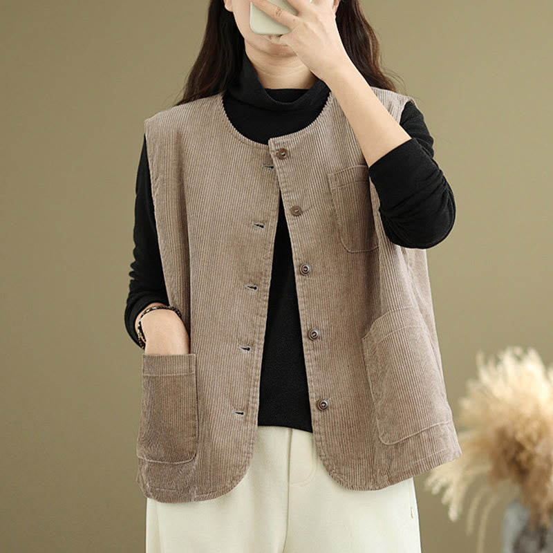 Gilet da donna in cotone senza maniche con bottoni in velluto a coste Buddha Stones e tasche - image 3