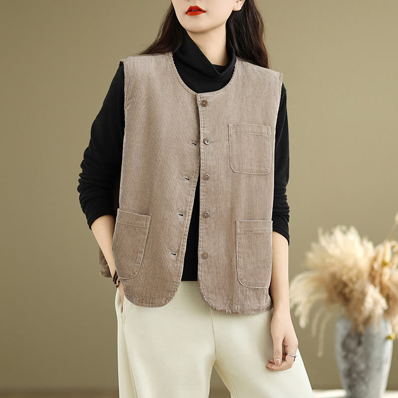 Gilet da donna in cotone senza maniche con bottoni in velluto a coste Buddha Stones e tasche - Abbronzatura - US8-10, UK/AU12-14, EU40-42 (2XL) - image 1