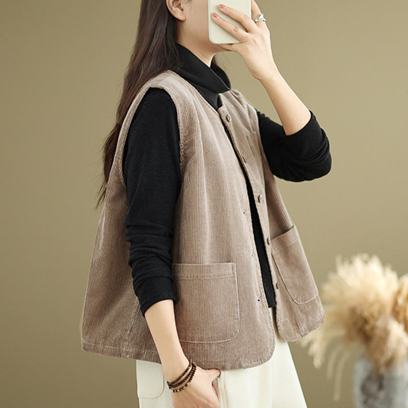 Gilet da donna in cotone senza maniche con bottoni in velluto a coste Buddha Stones e tasche - image 5