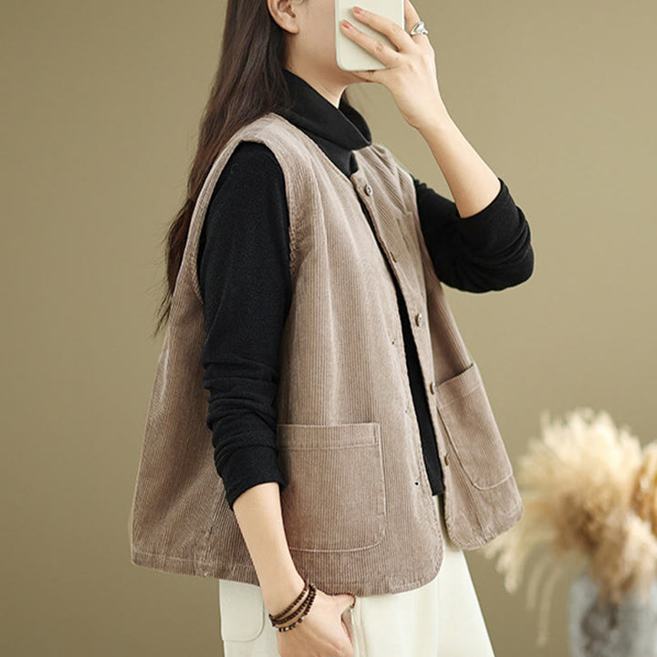 Gilet da donna in cotone senza maniche con bottoni in velluto a coste Buddha Stones e tasche - image 5