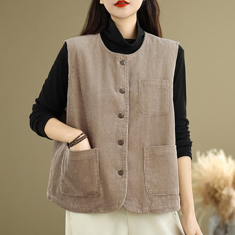 Gilet da donna in cotone senza maniche con bottoni in velluto a coste Buddha Stones e tasche - image 4