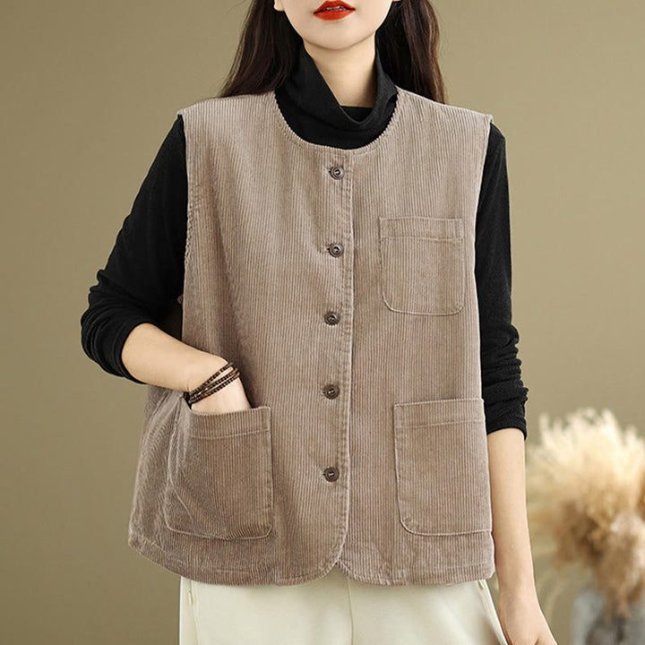 Gilet da donna in cotone senza maniche con bottoni in velluto a coste Buddha Stones e tasche - image 4