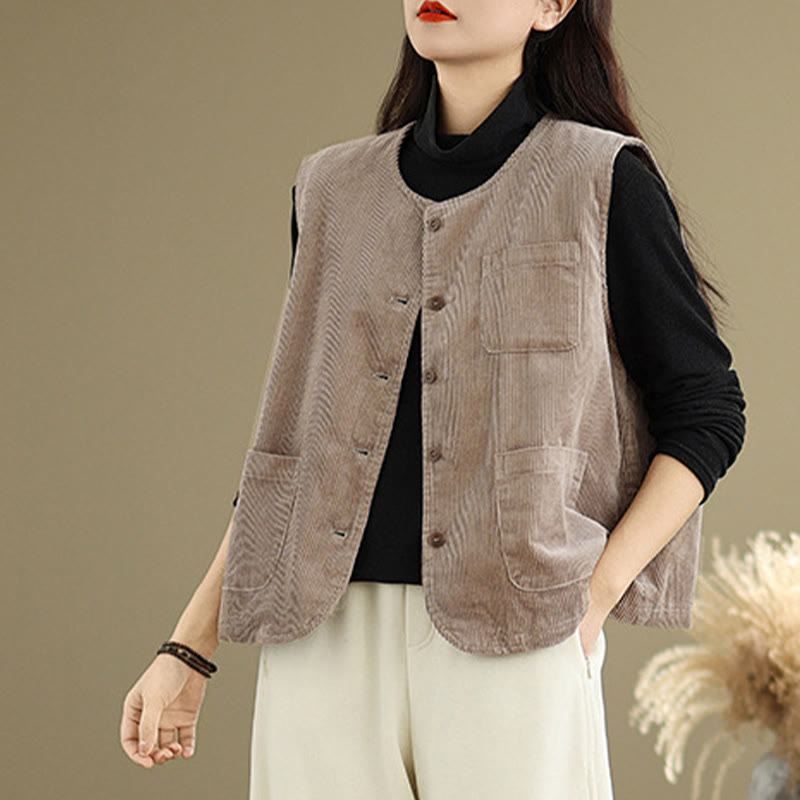 Gilet da donna in cotone senza maniche con bottoni in velluto a coste Buddha Stones e tasche - image 2