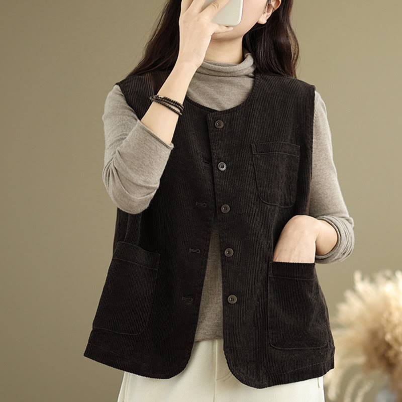 Gilet da donna in cotone senza maniche con bottoni in velluto a coste Buddha Stones e tasche - image 11