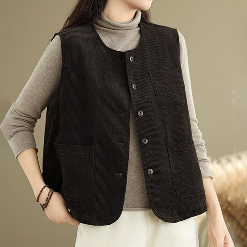 Gilet da donna in cotone senza maniche con bottoni in velluto a coste Buddha Stones e tasche - Marrone sella - US8-10, UK/AU12-14, EU40-42 (2XL) - image 8