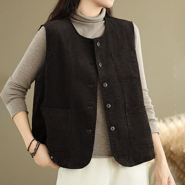 Gilet da donna in cotone senza maniche con bottoni in velluto a coste Buddha Stones e tasche - Marrone sella - US8-10, UK/AU12-14, EU40-42 (2XL) - image 8