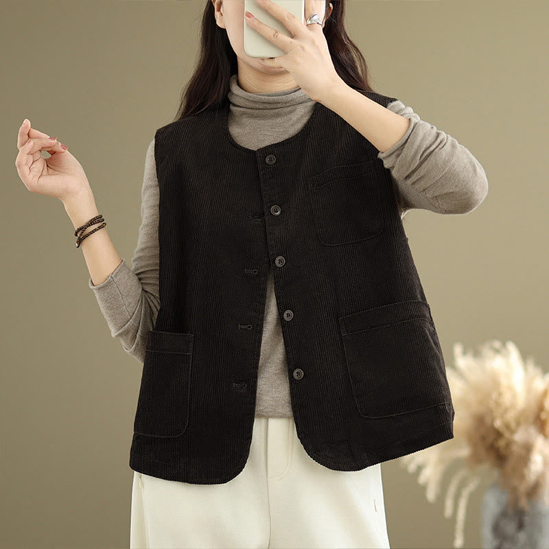 Gilet da donna in cotone senza maniche con bottoni in velluto a coste Buddha Stones e tasche - image 10