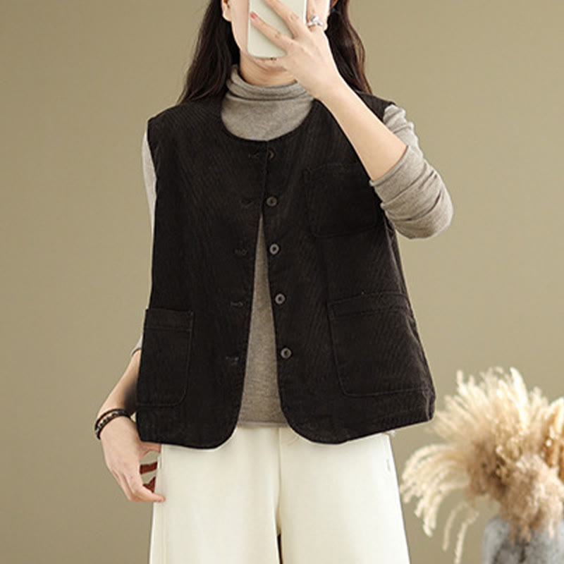 Gilet da donna in cotone senza maniche con bottoni in velluto a coste Buddha Stones e tasche - image 13
