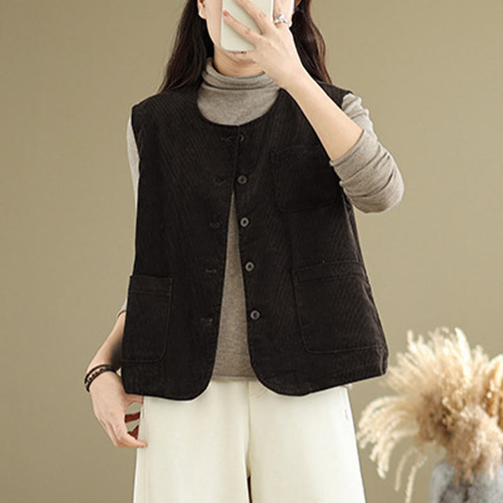 Gilet da donna in cotone senza maniche con bottoni in velluto a coste Buddha Stones e tasche - image 13