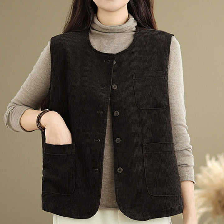 Gilet da donna in cotone senza maniche con bottoni in velluto a coste Buddha Stones e tasche - image 12