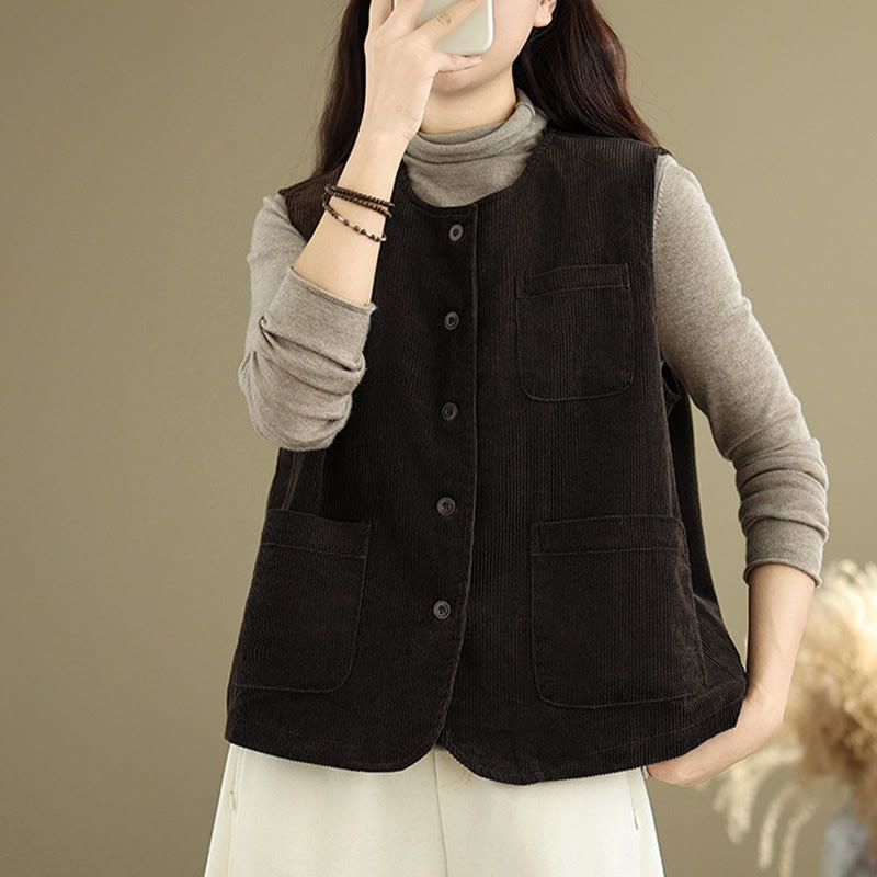 Gilet da donna in cotone senza maniche con bottoni in velluto a coste Buddha Stones e tasche - image 9