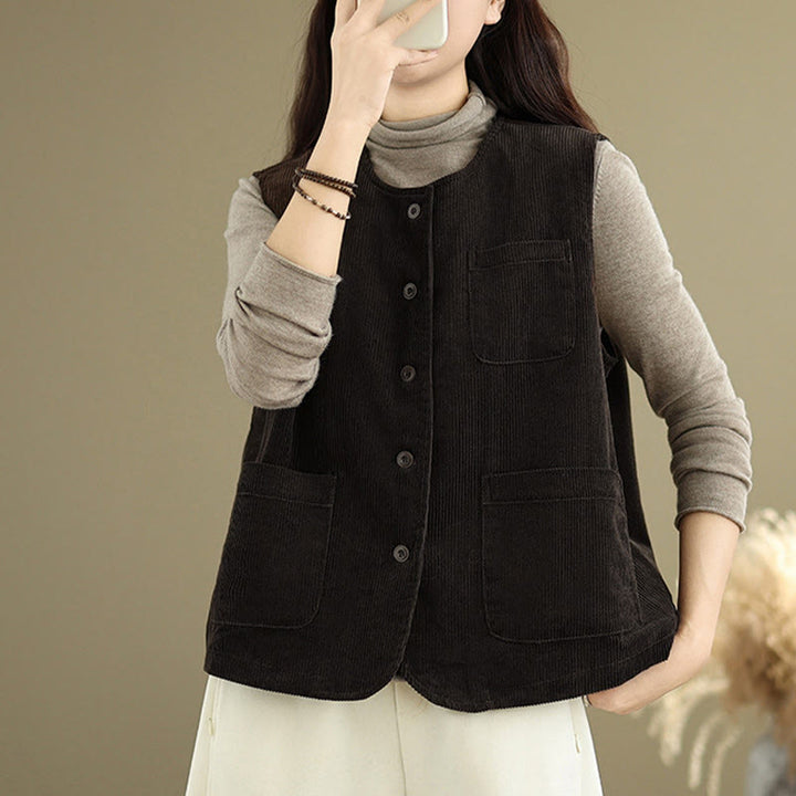 Gilet da donna in cotone senza maniche con bottoni in velluto a coste Buddha Stones e tasche - image 9