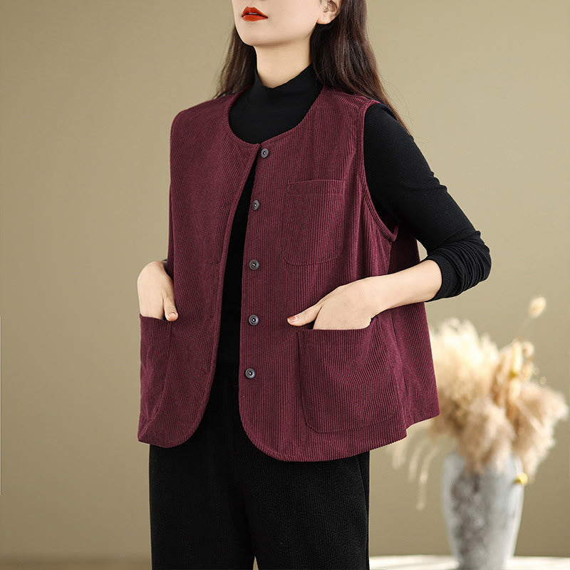 Gilet da donna in cotone senza maniche con bottoni in velluto a coste Buddha Stones e tasche - image 22