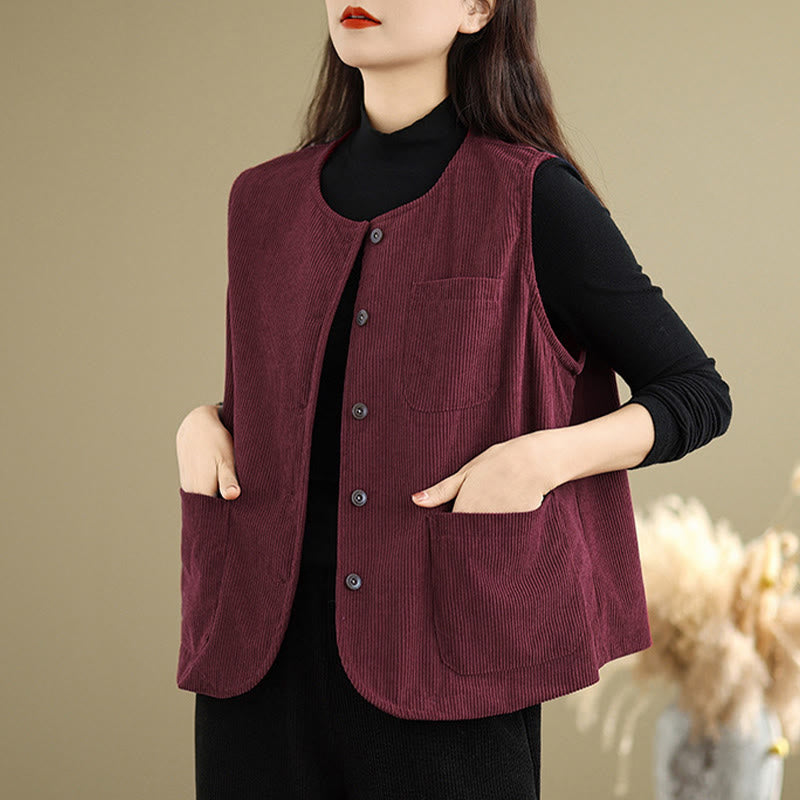 Gilet da donna in cotone senza maniche con bottoni in velluto a coste Buddha Stones e tasche - image 23