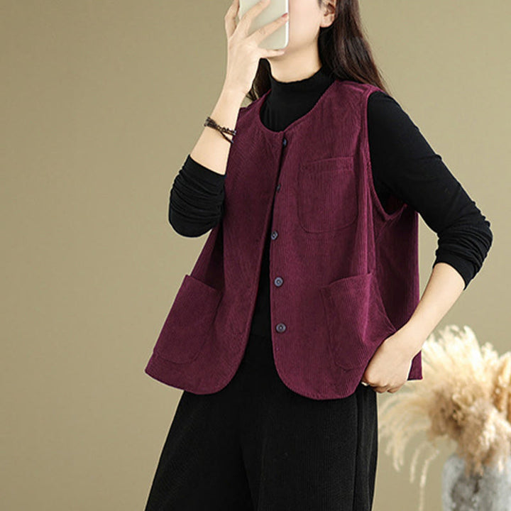 Gilet da donna in cotone senza maniche con bottoni in velluto a coste Buddha Stones e tasche - image 20