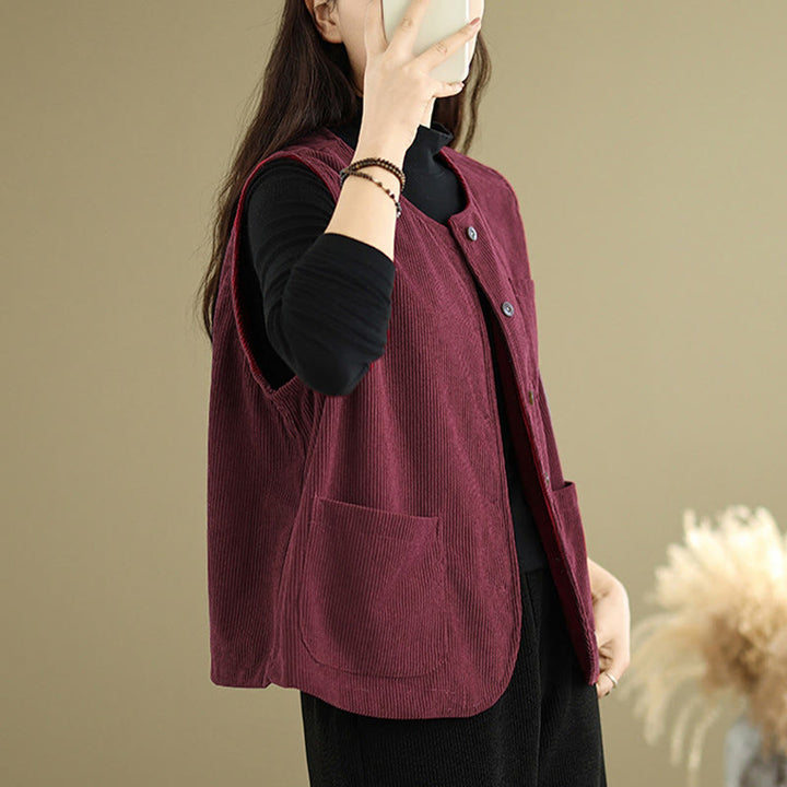 Gilet da donna in cotone senza maniche con bottoni in velluto a coste Buddha Stones e tasche - image 21
