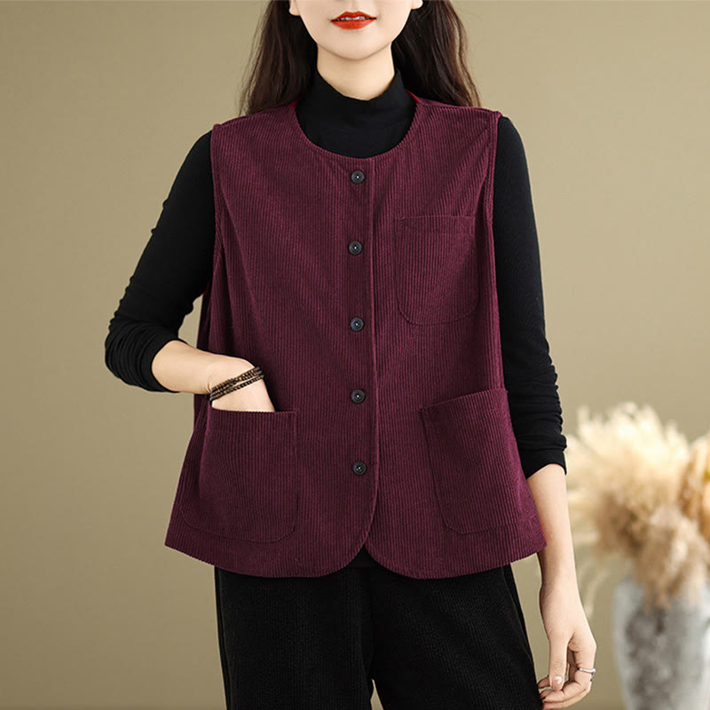 Gilet da donna in cotone senza maniche con bottoni in velluto a coste Buddha Stones e tasche - IndianRed - US8-10, UK/AU12-14, EU40-42 (2XL) - image 19
