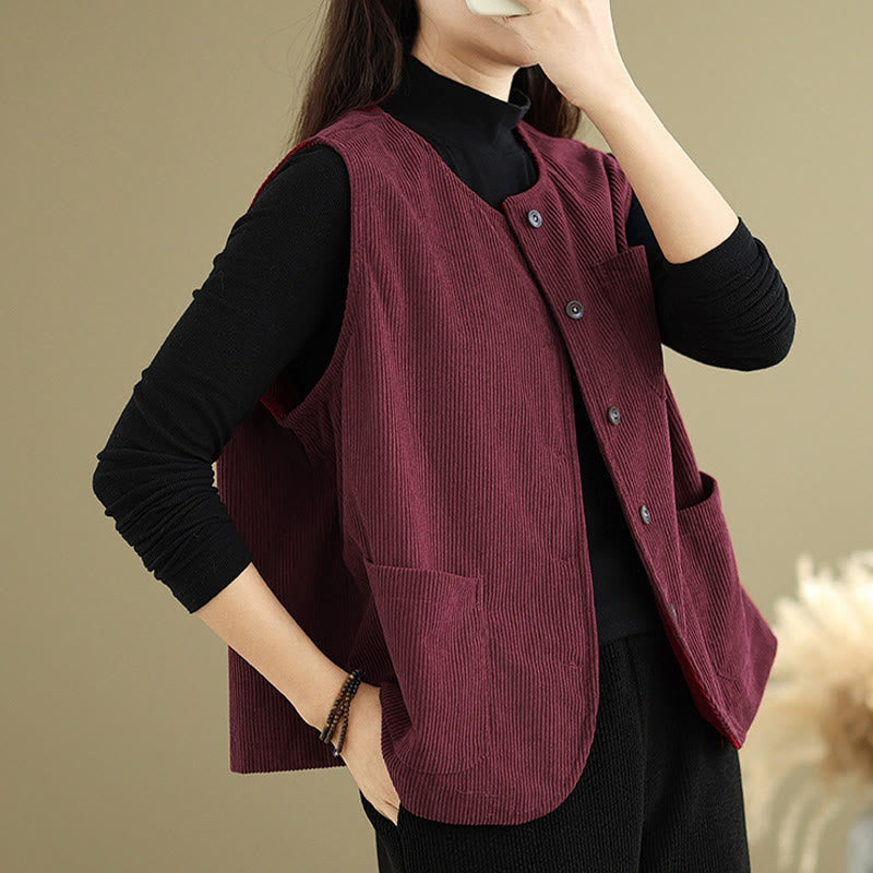 Gilet da donna in cotone senza maniche con bottoni in velluto a coste Buddha Stones e tasche - image 25
