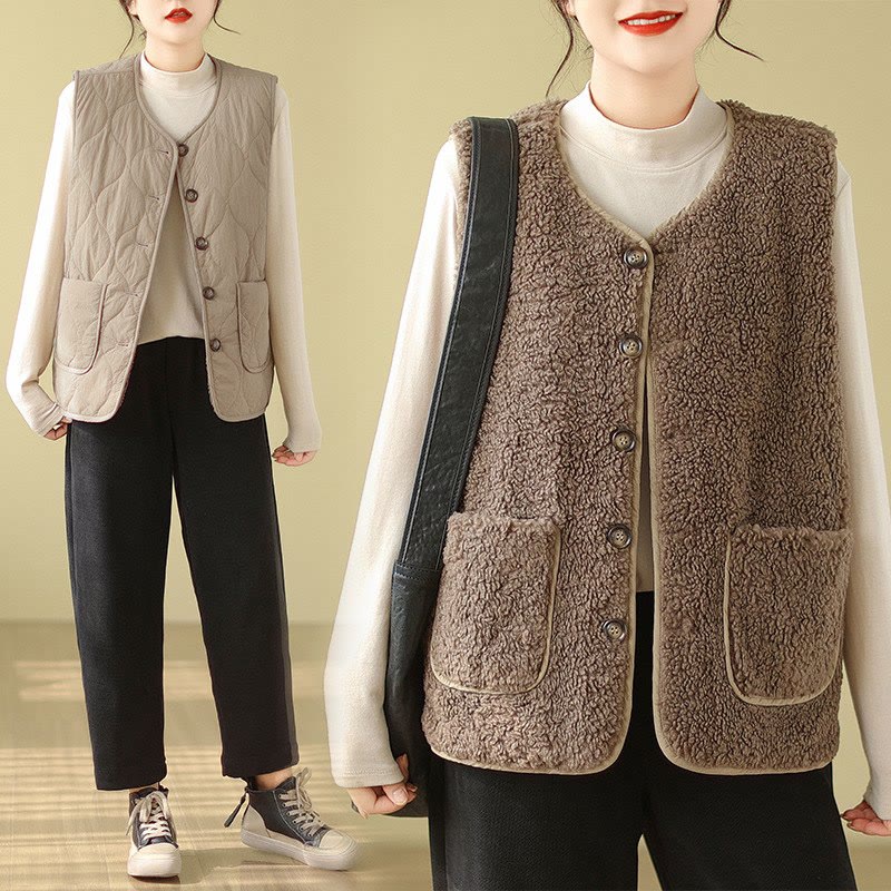 Gilet senza maniche in fibra di viscosa con tasche, stile double-face, stile Buddha Stones da donna - BurlyWood - US12, UK/AU16, EU44 (2XL) - image 1