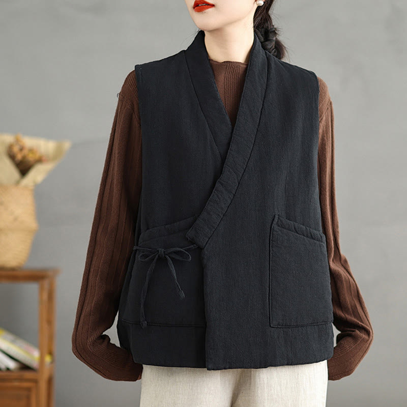 Gilet da donna in cotone senza maniche con lacci e tasche Buddha Stones - Nero - US12, UK/AU16, EU44 (2XL) - image 1