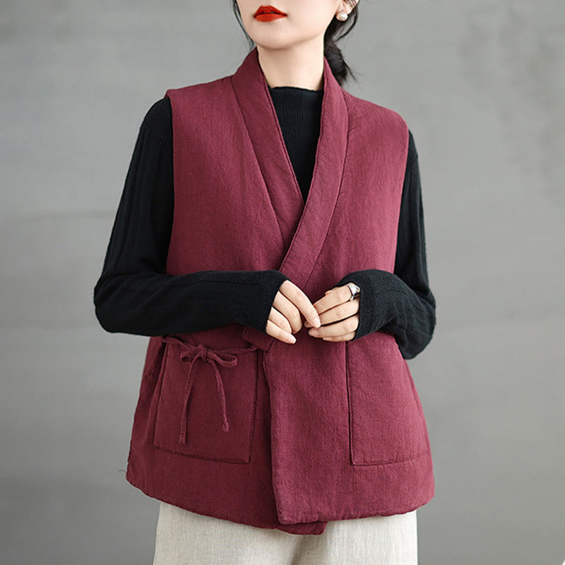 Gilet da donna in cotone senza maniche con lacci e tasche Buddha Stones - IndianRed - US12, UK/AU16, EU44 (2XL) - image 7