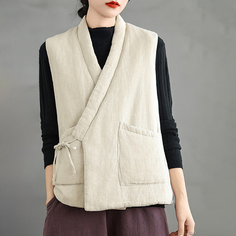 Gilet da donna in cotone senza maniche con lacci e tasche Buddha Stones - Beige - US12, UK/AU16, EU44 (2XL) - image 17