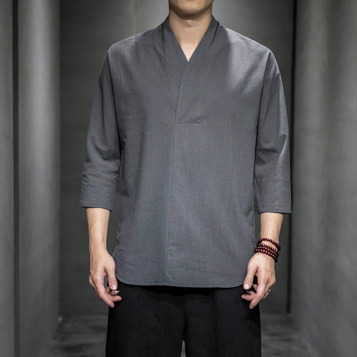 Camicia casual da uomo in cotone con scollo a V e maniche a tre quarti, motivo Buddha Stones - Grigio - US/UK/AU44, EU54 (5XL) - image 5