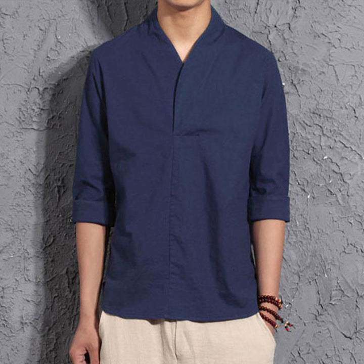 Camicia casual da uomo in cotone con scollo a V e maniche a tre quarti, motivo Buddha Stones - Blu acciaio - US/UK/AU44, EU54 (5XL) - image 8