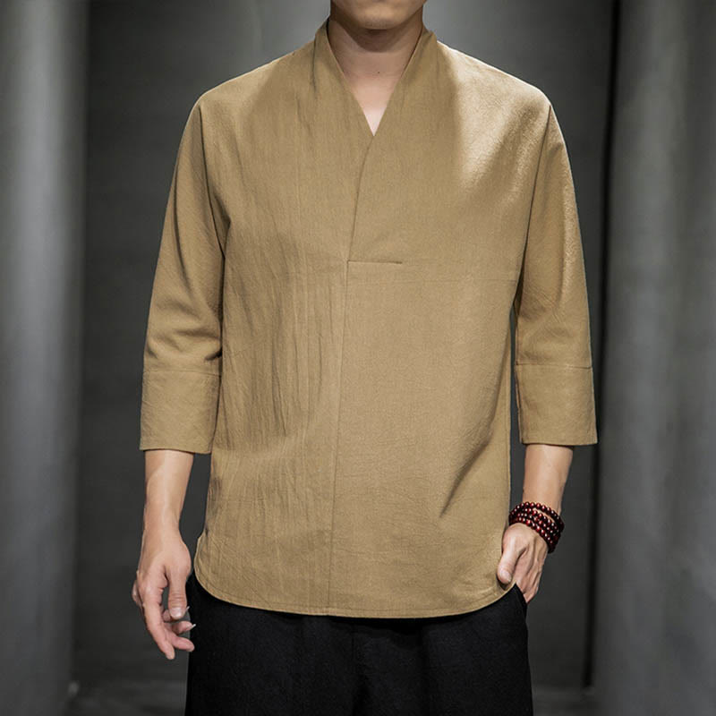 Camicia casual da uomo in cotone con scollo a V e maniche a tre quarti, motivo Buddha Stones - BurlyWood - US/UK/AU44, EU54 (5XL) - image 1