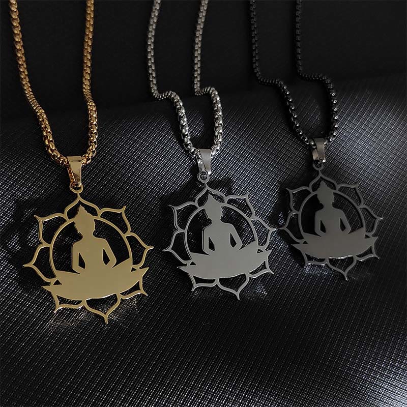 Collana con ciondolo dell'illuminazione in acciaio inossidabile con design vintage Buddha Stones Buddha seduto sul loto di Buddha - image 14