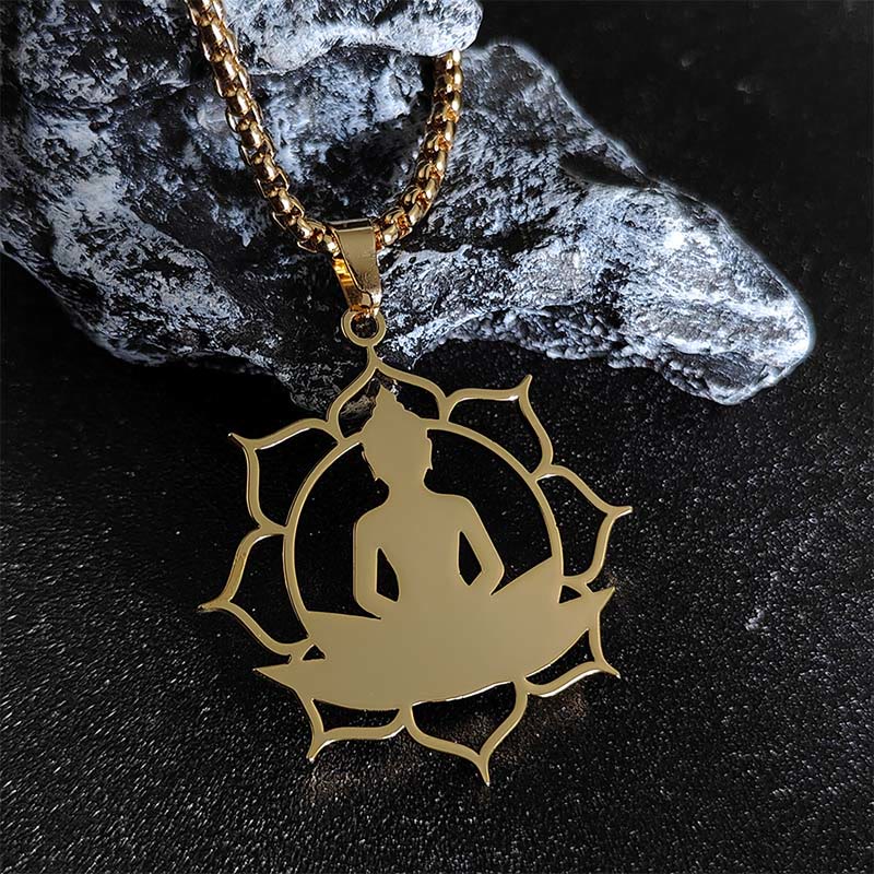 Collana con ciondolo dell'illuminazione in acciaio inossidabile con design vintage Buddha Stones Buddha seduto sul loto di Buddha - Oro - image 1