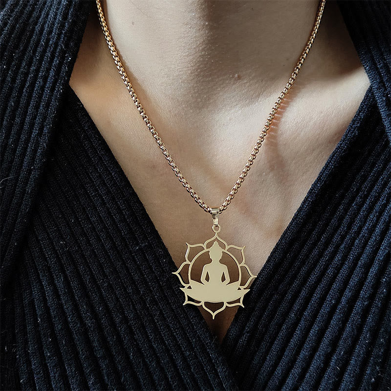 Collana con ciondolo dell'illuminazione in acciaio inossidabile con design vintage Buddha Stones Buddha seduto sul loto di Buddha - image 4