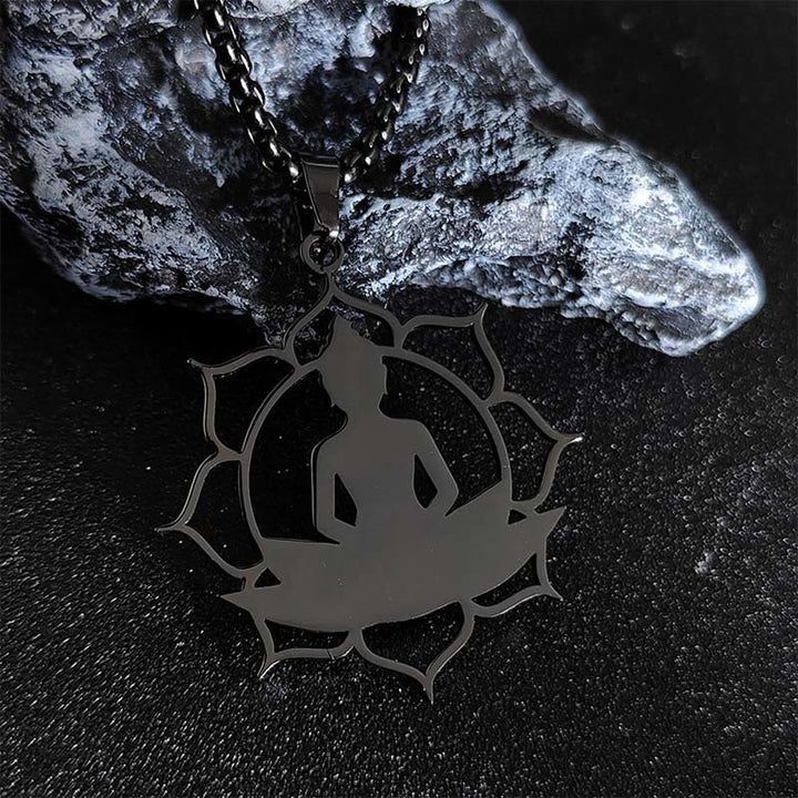 Collana con ciondolo dell'illuminazione in acciaio inossidabile con design vintage Buddha Stones Buddha seduto sul loto di Buddha - Nero - image 11