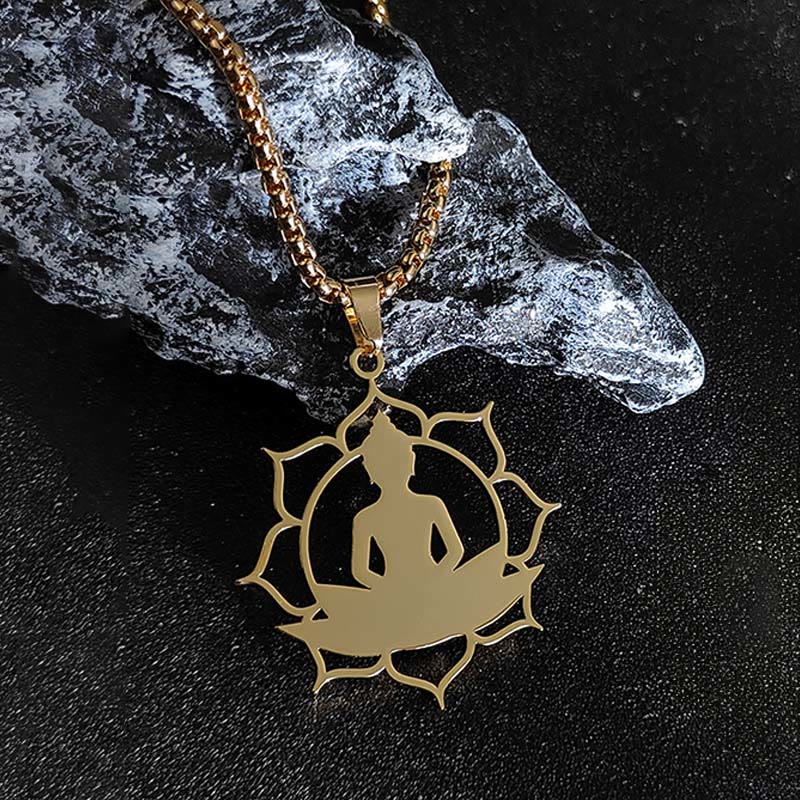 Collana con ciondolo dell'illuminazione in acciaio inossidabile con design vintage Buddha Stones Buddha seduto sul loto di Buddha - image 2