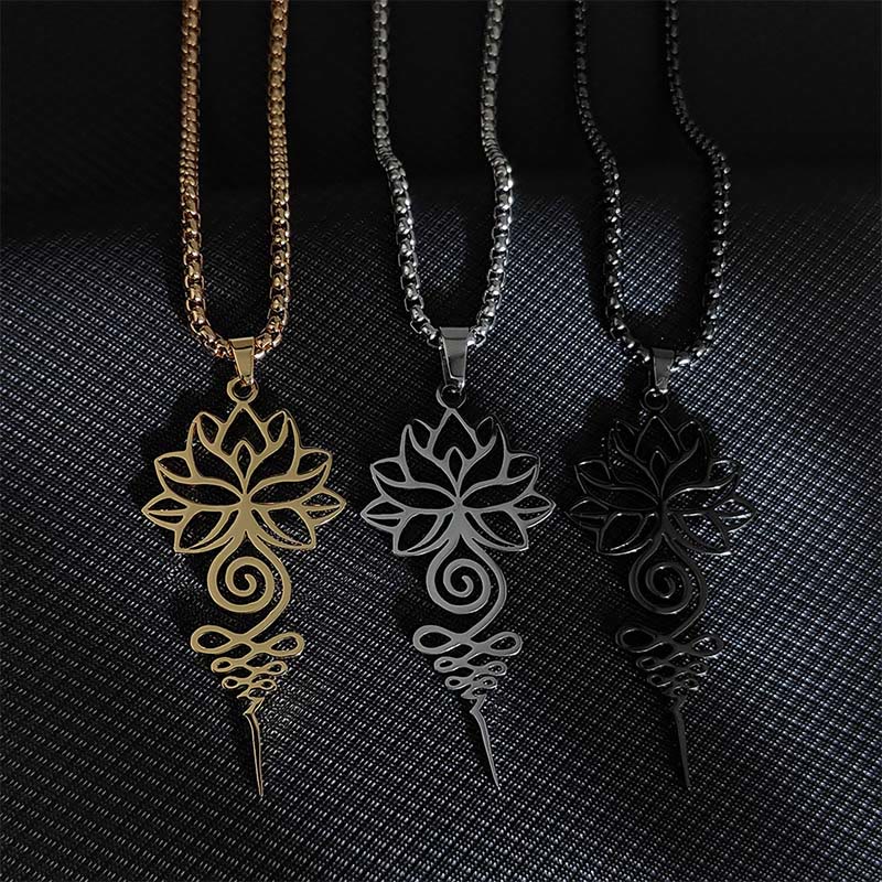 Collana con ciondolo dell'illuminazione in acciaio inossidabile, simbolo del chakra del loto di Buddha Stones Unalome - image 1