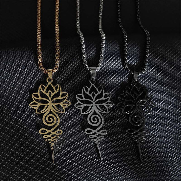 Collana con ciondolo dell'illuminazione in acciaio inossidabile, simbolo del chakra del loto di Buddha Stones Unalome - image 1