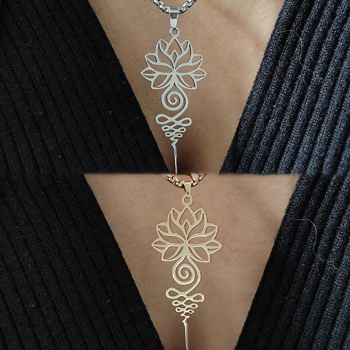 Collana con ciondolo dell'illuminazione in acciaio inossidabile, simbolo del chakra del loto di Buddha Stones Unalome - image 11