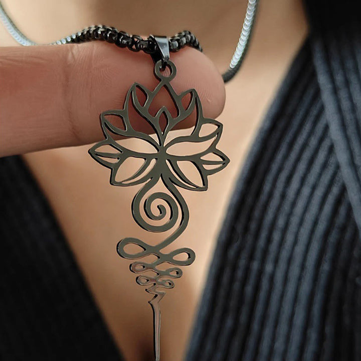 Collana con ciondolo dell'illuminazione in acciaio inossidabile, simbolo del chakra del loto di Buddha Stones Unalome - image 10
