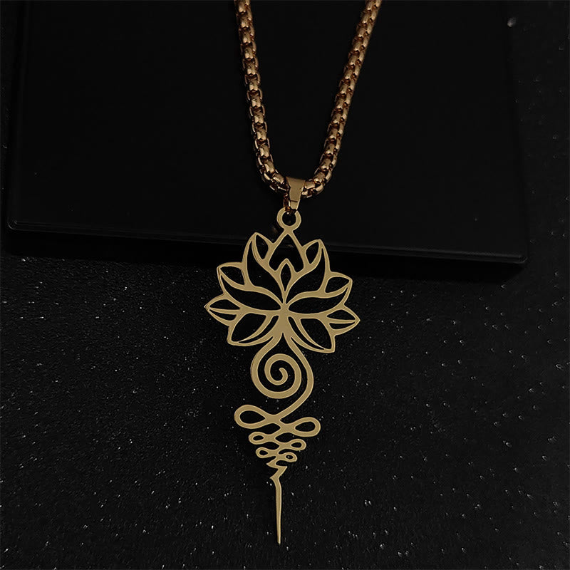 Collana con ciondolo dell'illuminazione in acciaio inossidabile, simbolo del chakra del loto di Buddha Stones Unalome - Oro - image 5