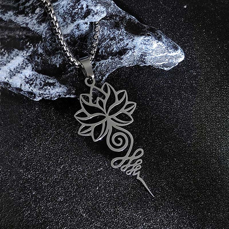 Collana con ciondolo dell'illuminazione in acciaio inossidabile, simbolo del chakra del loto di Buddha Stones Unalome - image 3