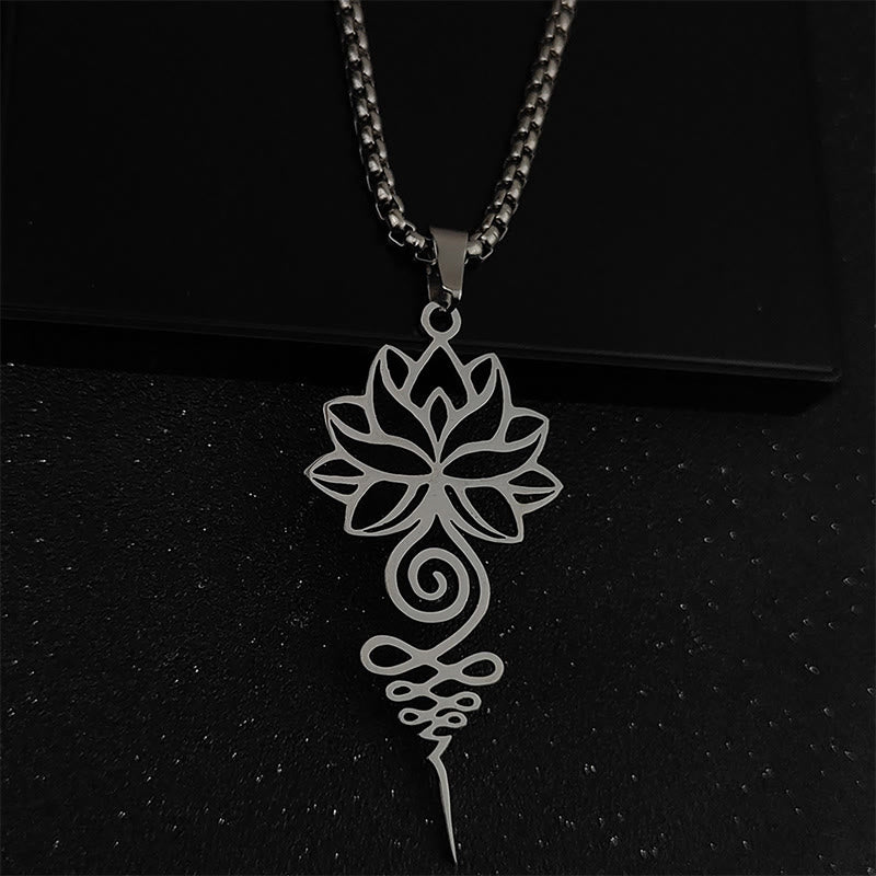 Collana con ciondolo dell'illuminazione in acciaio inossidabile, simbolo del chakra del loto di Buddha Stones Unalome - Argento - image 2